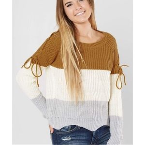 Polly & Esther Color Block Stripe Chunky Knit Sweater Tie Up Bow Sleeve